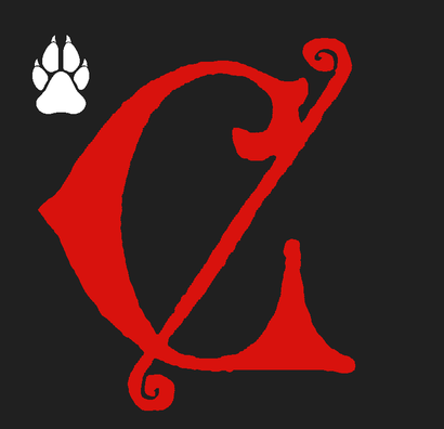 Sable, a script C gules and in canton a wolf's footprint argent