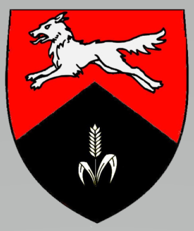 Corotica's device: Per chevron gules and sable, a wolf courant and a wheat stalk argent